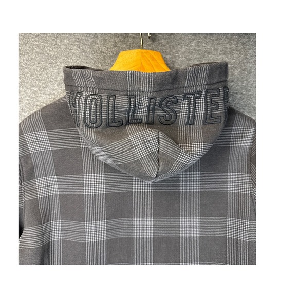 Hollister Grey Plaid Crossover Hood Fleece Hoodie Embroidered Spell Out Mens S - Picture 2 of 11